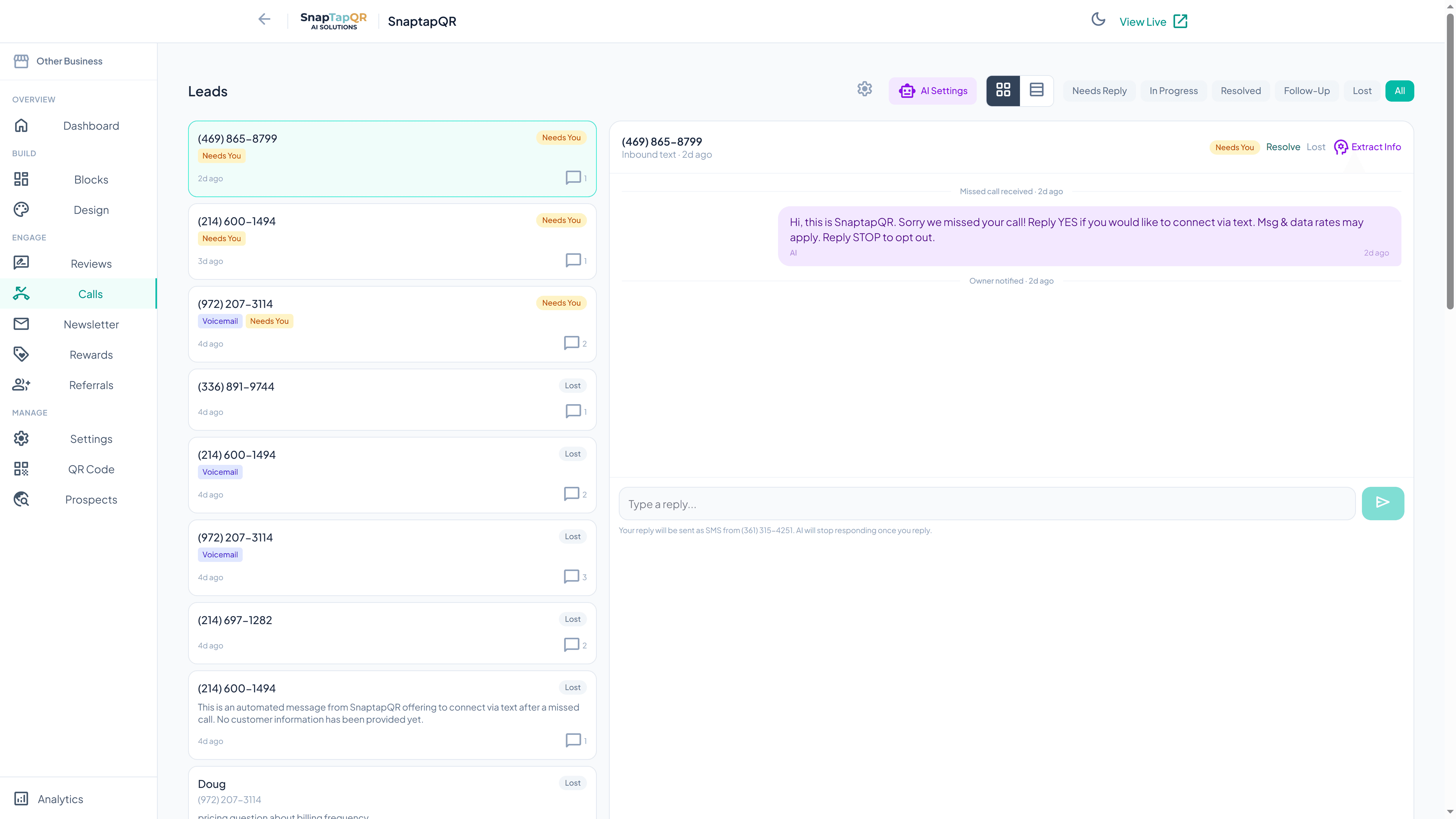 Never Lose a Lead to a Missed Call Again - SnapTapQR dashboard