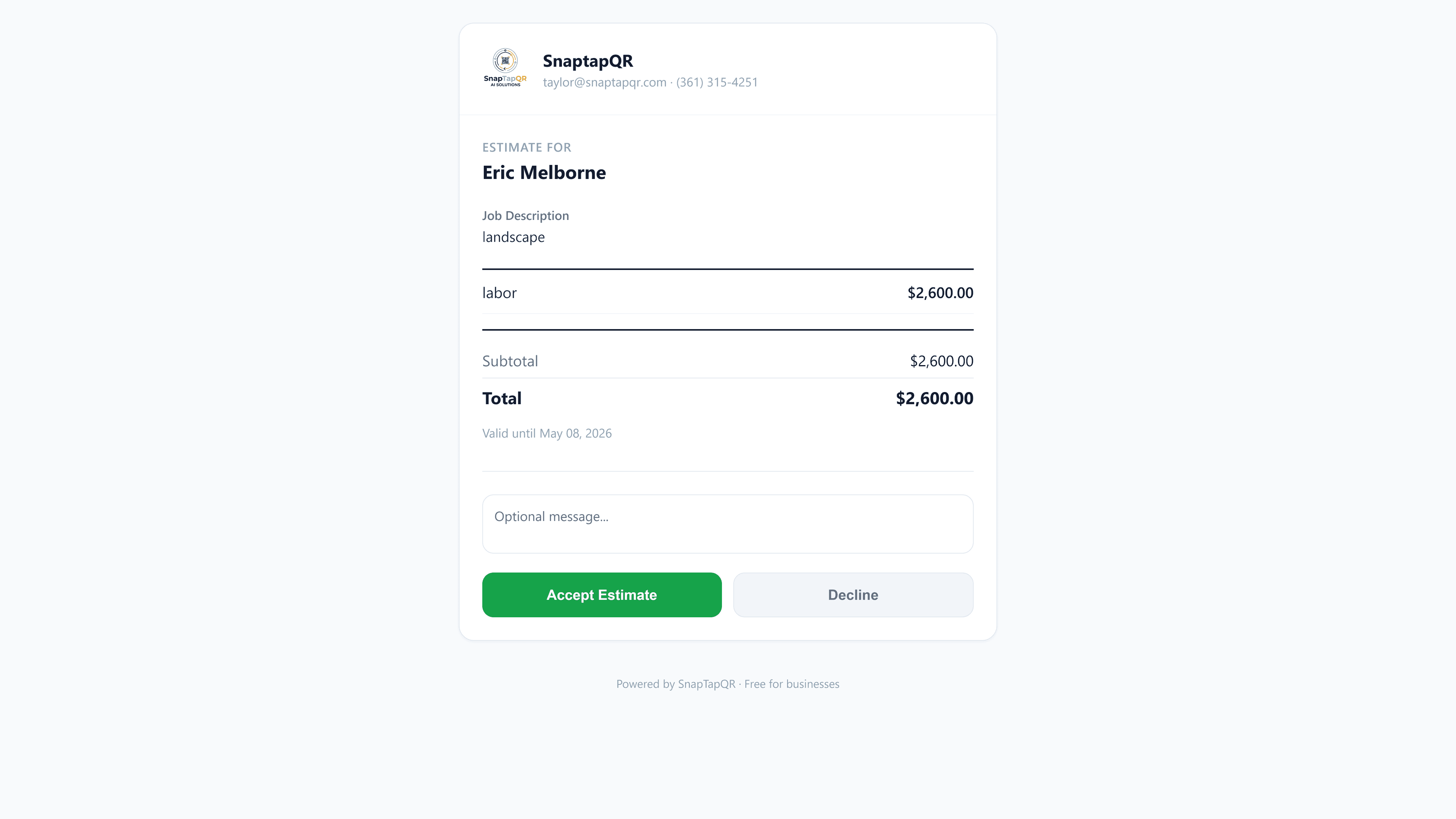 Send Professional Estimates From Your Phone in 30 Seconds - SnapTapQR dashboard