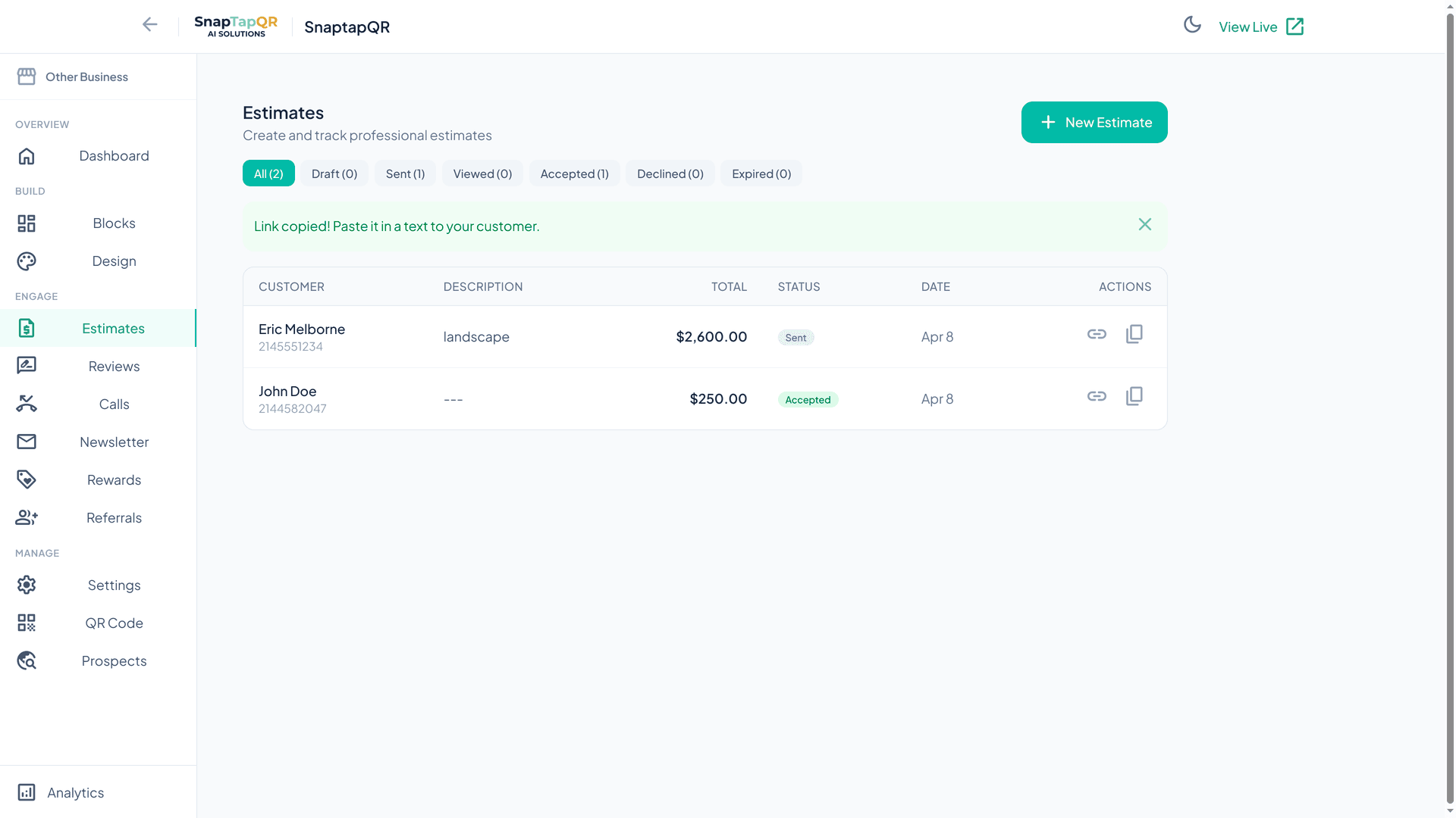 Free Estimate Builder - SnapTapQR dashboard screenshot